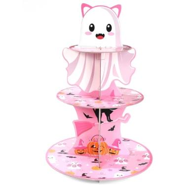 Imagem de Suporte para Bolo Halloween, Torre Cupcake Papelão Rosa 3 Andares Bandeja Sobremesas Fofa de Fantasma para Festa Halloween Tema Bruxa Aniversário Chá de Bebê