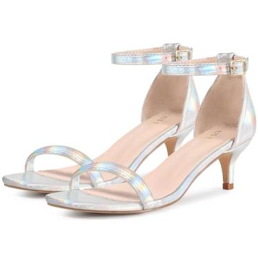 Imagem de Perphy Sandália feminina de bico quadrado com salto gatinho e tira no tornozelo, Prata, 41