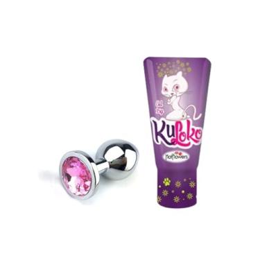 Imagem de Plug Anal em Aço Inoxidável com Joia + Gel Anestésico Lubrificante Gel Anal Intimo Funcional 15g