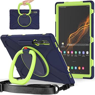 Imagem de SOUYOYIHI Capa de rotação 360 para Samsung Galaxy S8 Ultra 37.1 cm capa resistente anel giratório suporte alça de transporte alça de mão resistente crianças adultos capa exterior (azul marinho + verde