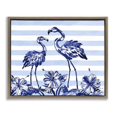 Imagem de Stupell Industries Arte de parede em tela flutuante marrom com flamingos índigo sobre listras, design de Paul Brent, 25 x 31