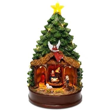 Imagem de Árvore de Natal Musical com Presépio, LED, 25cm, Base Marrom, Decoração Natalina com Iluminação, Música, Conexão USB