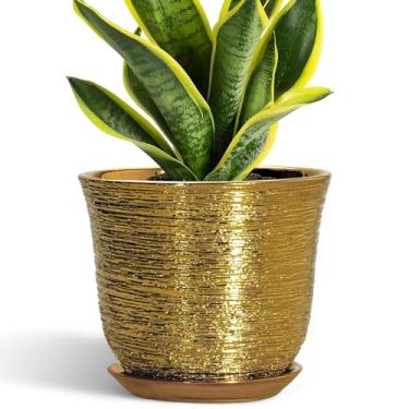 Imagem de SUNPOTFOR Vasos de cerâmica – Vaso de 20 cm com orifício de drenagem e pires, vaso redondo para interior e exterior, vaso de flores moderno, vaso decorativo, decoração de jardim, casa, escritório