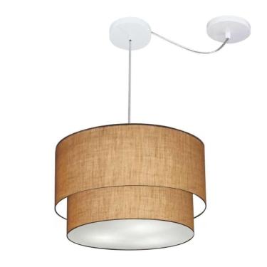 Imagem de Lustre Pendente Duplo Cilíndrico Com Desvio Vivare Md-4364 Cúpula Em Tecido 40x35cm - Bivolt Palha 127/220v