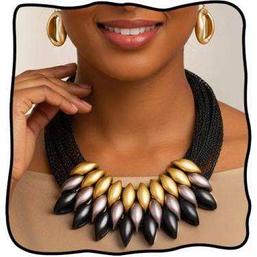 Imagem de Wosois Conjunto de colar de declaração, design de folha de ouro com corrente de malha, brincos de gota combinando, one size, Acrílico, Sem Pedra Preciosa