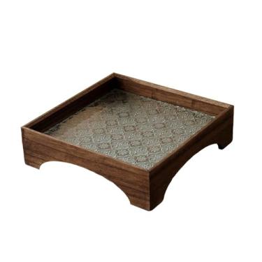 Imagem de predolo Bandeja de servir, bandeja de armazenamento para banheiro, organizador de mesa rústico multiuso, madeira e vidro com para velas, frutas, mesa, 25cmx25cm