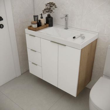 Imagem de Gabinete de Banheiro com Cuba 79,6cm Gaveta Esquerda Vittare Carvalho/Branco