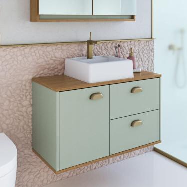 Imagem de Gabinete de Banheiro 80cm 100% Mdf com 1 Porta e 2 Gavetas com Cuba Lívia Freijó/Moscatel
