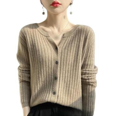 Imagem de Cardigan Pequeno Cardigan De Tricô Com Decote V Para Mulheres, Mangas Curtas Longas, Slim Fit, Acabamento De Roupas Externas, Camel, L