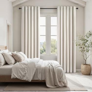 Imagem de Cortinas blackout longas de 2,38 cm para sala de estar, conjunto com 2 painéis, creme, textura de linho de bétula, escurecimento da sala, cortina economizadora de energia, coberturas de janela, cinto