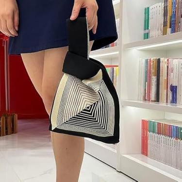 Imagem de Mini bolsa de pulso projetada esteticamente bolsa de tricô fofa e prática bolsa de nó popular bolsa de pulso bolsa de mão bolsas de nó japonês, Preto, bege, 5.51 inches