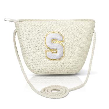 Imagem de Bolsa transversal de palha para mulheres bolsas de verão iniciais feitas à mão bolsa de praia tecida para viagens férias presentes de aniversário personalizados, Bege-grande-S