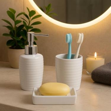 Imagem de Kit Lavabo Banheiro Cerâmica 3 Peças Completo Porta Escovas Dispenser Sabonete Líquido Saboneteira (Branco)