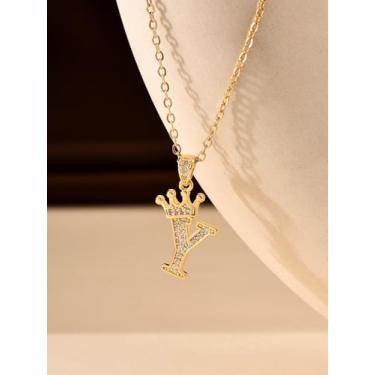 Imagem de 1 colar de coroa de diamante banhado a prata com letra A-Z para mulheres, joia fina, presente para mamãe, 40+6cm, Cobre, Sem Pedra Preciosa
