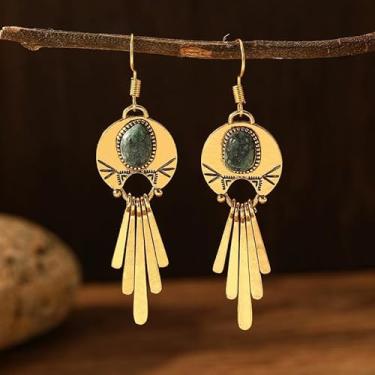 Imagem de Brincos modernos elegantes inspirados em turquesa estilo étnico retrô dourado esculpido borla pingente brincos acessórios diários festa aniversário joias presentes, Standard, Liga de aço, Sem pedra