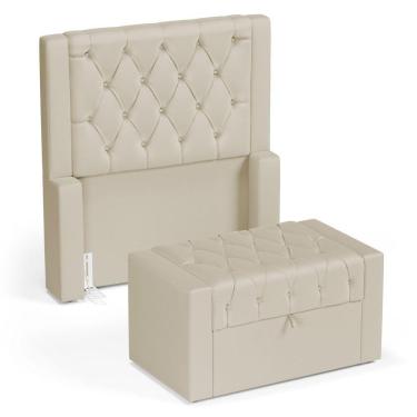 Imagem de Cabeceira E Calçadeira Báu Solteiro Atena 90cm Capitonê Suede Bege Claro - Desk Design