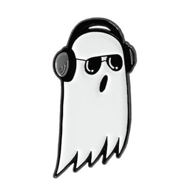 Imagem de Broche de esmalte fantasma para fones de ouvido da Ectogasm - acessório de moda gótica assustadora para amantes de música - preto e branco