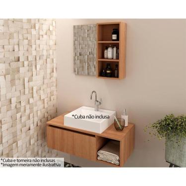 Imagem de Conjunto De Banheiro Balcão Suspenso Bn3601 S- Cuba 80cm E Armário C- Espelho Bn3609 Amêndoa - Tecno Mobili