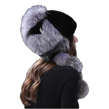 Imagem de Chapéu feminino de pele térmica engrossada de inverno chapéu de pele ao ar livre chapéu de prevenção de frio chapéu de pele decorativo cauda de cabelo preto GG