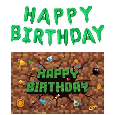 Imagem de 16un Conjunto de Faixas Aniversário em Pixel, Incluindo Faixa Aniversário Videogame 150x100cm Balões Letras Verdes Canudo e Cordão para Decoração Festas Temáticas
