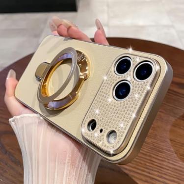 Imagem de ZXDK Capa com suporte para câmera com glitter diamante para iPhone 17/Pro Max/Air, suporte magnético, compatível com Magsafe, Rhinesetone Bing capa de couro PU padrão (para iPhone Air, dourado)