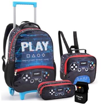 Imagem de Kit Escolar Mochila de Rodinha com Lancheira e Estojo Gamer Menino Com Canetinha Ponta Dupla