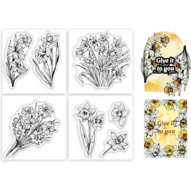 Imagem de 4 mini carimbos transparentes de narciso para scrapbook de flores de narciso, selos transparentes para fazer cartões, álbum de fotos, decoração de diário, 5,6 x 5,6 cm