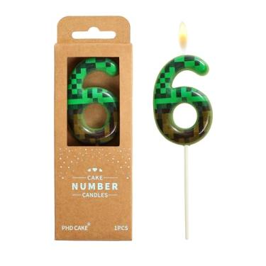 Imagem de PHD CAKE Velas de aniversário de 6 pixels, número 6 pixels, velas verdes com número de mineiro, velas com número de bolo, celebração de festa, vela estilo