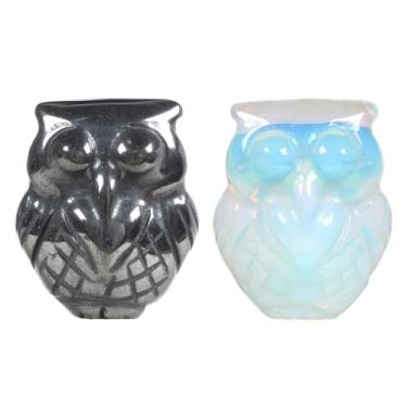 Imagem de Conjunto de 2 estatuetas de coruja de cristal com hematita e opala sintética – pedra de cura esculpida à mão de 28 mm, escultura de totem de espírito de coruja para casa, escritório, meditação e