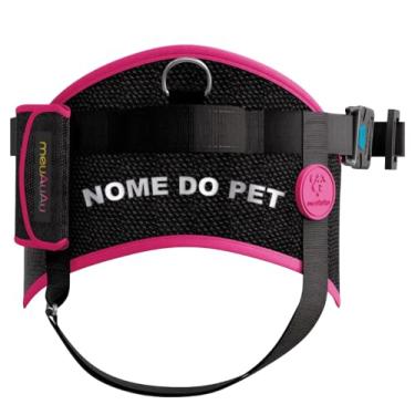 Imagem de Kit Peitoral SAFE 5 em 1 com Guia, Cata-Caca, QR Code e Nome Personalizado do Pet (Rosa Neon, GG)