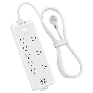 Imagem de NTONPOWER Cabo de extensão resistente de 3 metros, 8 tomadas e 2 portas USB, plugue plano, 1875W/15A 1700 Joules, suporte de parede para home office, dormitório essencial, branco