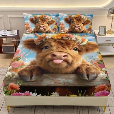 Imagem de AILONEN Jogo de lençol solteiro de vaca Highland infantil, estampa floral de gado e 2 fronhas, animais kawaii, 3 peças, para meninas e meninos