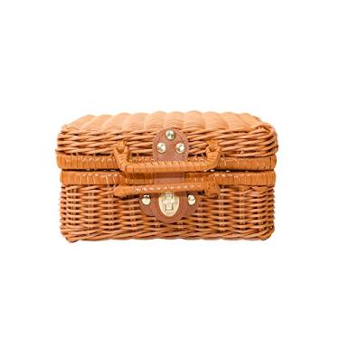 Imagem de CINWEN Bolsa de vime natural tecida à mão, bolsa de cesta retangular, bolsa feminina de palha, bolsa de vime quadrada de vime, bolsa de mão de tecido Boho