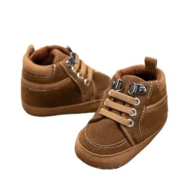 Imagem de Tênis de cano alto para bebês meninos e meninas, sola antiderrapante macia, mocassim de couro PU, mocassins recém-nascidos pré-andadores para berço, Marrom, 12-18 Months Toddler