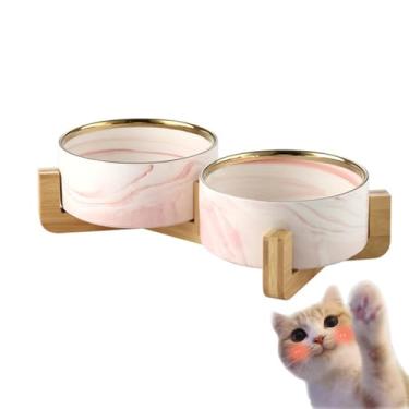 Imagem de Tigela de cerâmica para cães e gatos com suporte, tigelas modernas de cerâmica com efeito de pedra com suporte de bambu antiderrapante para cães pequenos e médios, design de mármore moderno, seguro