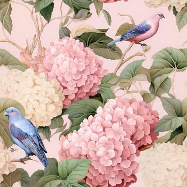 Imagem de VEELIKE Papel de parede floral de hortênsia rosa com pássaros, papel de parede chinoiserie para quarto, banheiro, 48 x 39 cm, autoadesivo, removível, papel de parede de pássaro, papel de contato rosa