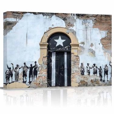 Imagem de T&H XHome Tela de decoração de parede de banheiro pintura a óleo bandeira de Porto Rico porta rústica padrão de parede arte moderna moldura para berçário escritório sala de estar quarto 16x20