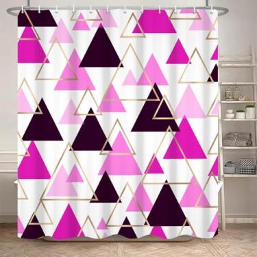 Imagem de Umpoo Cortina de chuveiro fúcsia, rosa claro e dourado triângulo abstrato geométrico conjunto de cortina de chuveiro para decoração de banheiro tecido impermeável cortina de banho moderna com ganchos