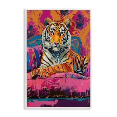Imagem de Stupell Industries Arte giclée emoldurada de tigre sobre laranja rosa e branco, design por LSR Design Studio, 76 x 50 cm