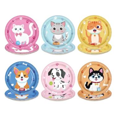 Imagem de Greencian 60 pratos de papel com tema de gato e cachorro, 18 cm, descartáveis, resistentes, desenhos animados, filhotes, sobremesas, patas fofas, animais de estimação, conjunto de utensílios de mesa