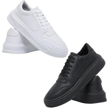 Imagem de Tênis Masculino Casual em Couro Ecológico, Sola Alta, Minimalista, Preto com Branco, Slip On, para Dia a Dia e Trabalho, Kit 2 Pares (Branco + Preto, BR, Adulto, Numérico, 41)