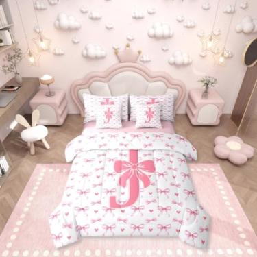 Imagem de Erosebridal Jogo de cama solteiro com laço rosa coquete em uma bolsa, 7 peças | Conjunto de edredom feminino com fita mágica com fita mágica para crianças, meninos e meninas, estilo princesa sonhadora