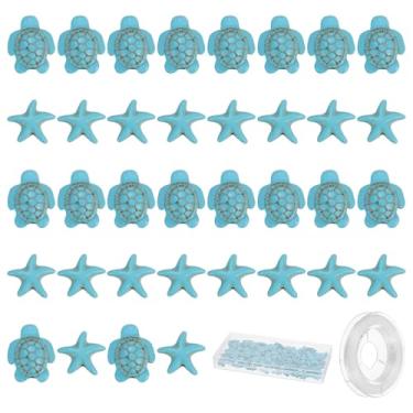 Imagem de YOKIVE 200 peças de contas de estrela do mar, orifício de 1 mm, 2 estilos, contas sintéticas turquesa, verão, mar, oceano, animal, berloque com fio elástico e caixa, ótimo para fazer joias DIY (azul)