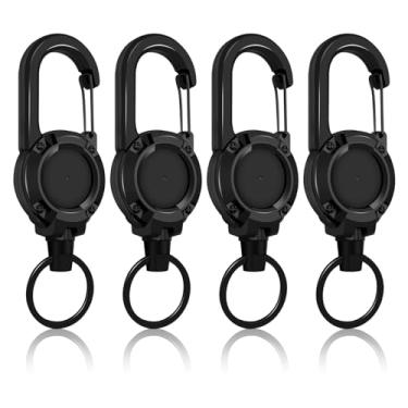 Imagem de Porta-chaves retráteis, 4 peças, mosquetão resistente, porta-crachás, retrátil, porta-identidade, porta-chaves extensível, para caixa ABS de 227 g com cordão de aço de 61 cm (preto)