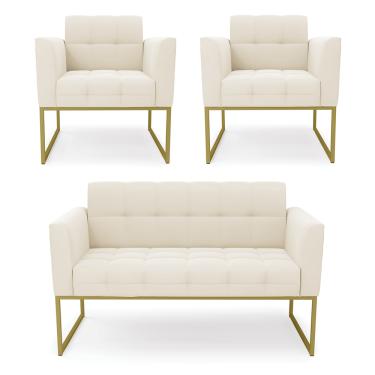 Imagem de Kit 1 Sofá Namoradeira e 2 Poltronas Elisa Veludo Bege Base Metálica Industrial Dourado D03 - D'Rossi