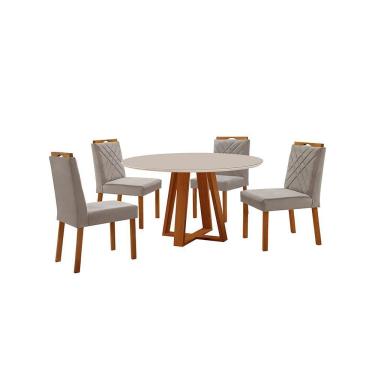 Imagem de Conjunto Sala De Jantar Mesa Floripa 110cm Tampo Redondo Vidro-mdf Off White Com 4 Cadeiras Dallas Veludo Cinza