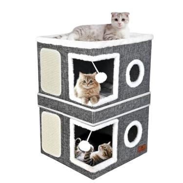 Imagem de Casa para gatos de 2 andares para ambientes internos, cama caverna de dupla finalidade com almofada para arranhões e bola fofa, esconderijo dobrável para gatos, móveis fofos para gatos de estimação
