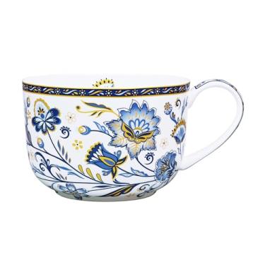 Imagem de LanHong Tigelas de sopa de 740 ml com alças caneca de sopa grande para café cereal aveia latte flora tigela de sopa osso china copo de sopa seguro para micro-ondas (azul 3)