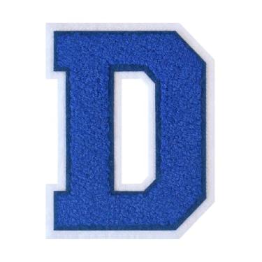 Imagem de 1 peça de patch de letra de chenille azul de 11,4 cm com borda branca – adesivos do alfabeto para roupas, jaquetas, mochilas, chapéus para decoração personalizada, nome personalizado e artesanato. (D)
