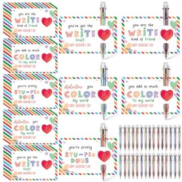 Imagem de Sabary Conjunto de 30 canetas multicoloridas com conjunto de cartões de dia dos namorados, inclui cartão de presente e caneta multicolorida retrátil para escritório, escola, festa do dia dos namorados